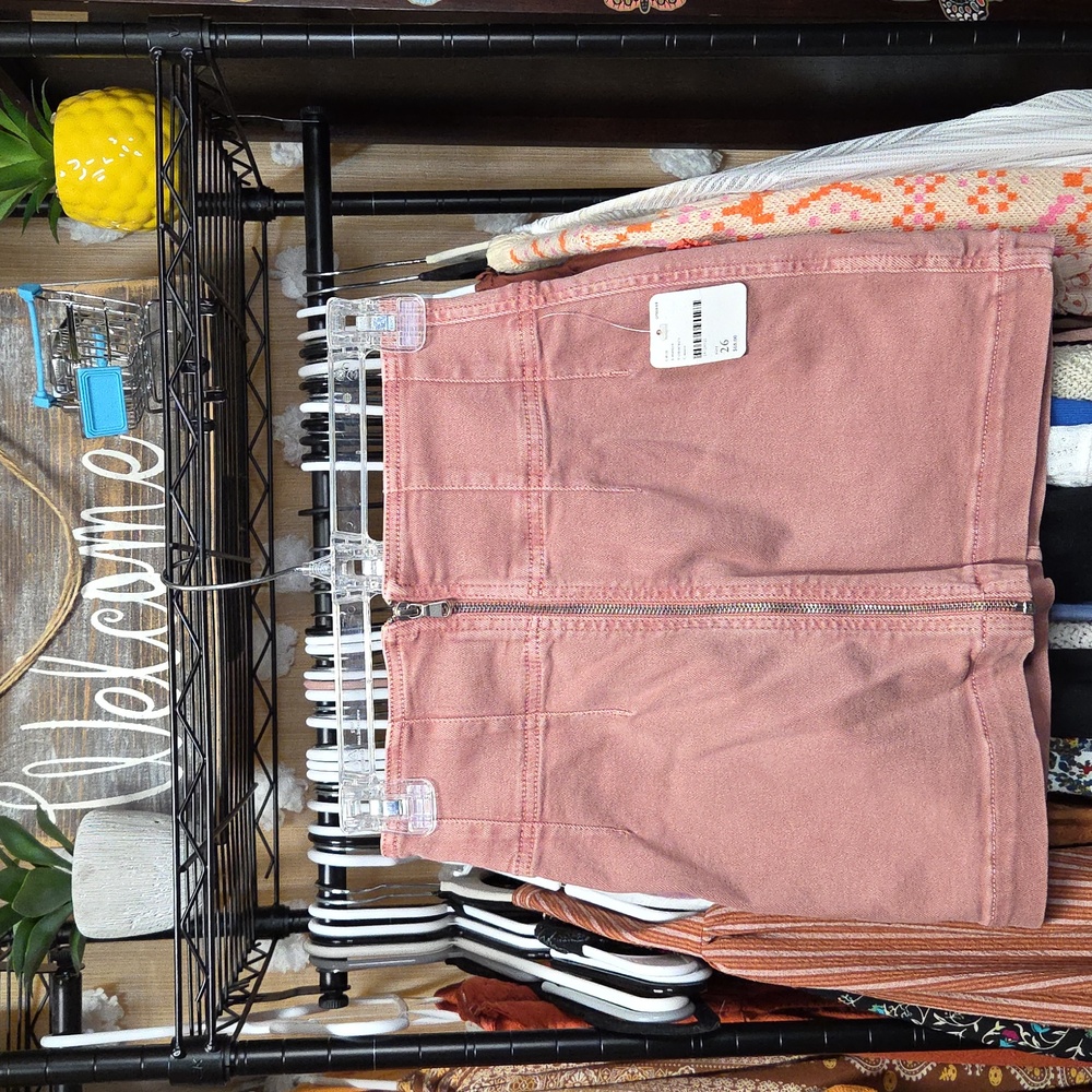 Free People Denim Mini Skirt Front Zip, Mauve/Rose, Size 26